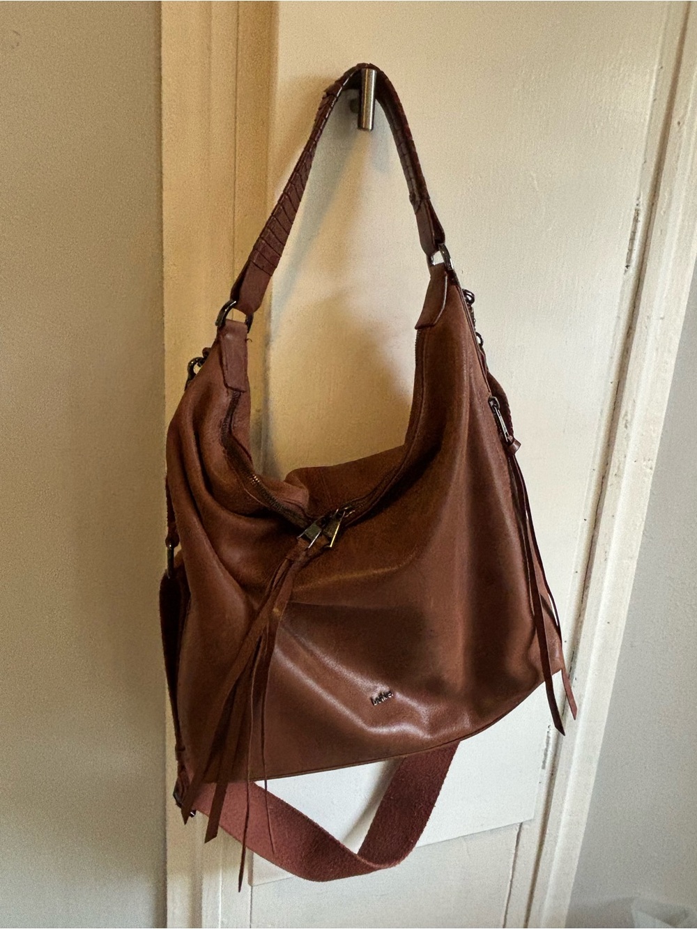 Botkier Brown Leather Zip-Top hobo bag with Crossbody Strap & Patterned Interior - Picture 2 of 9